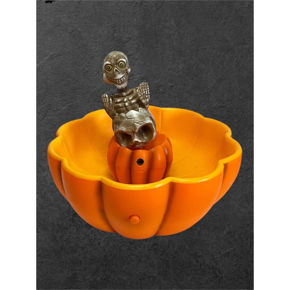 Gemmy Animated Spinning Skeleton Candy Bowl Orange Motion Sound Light Works!